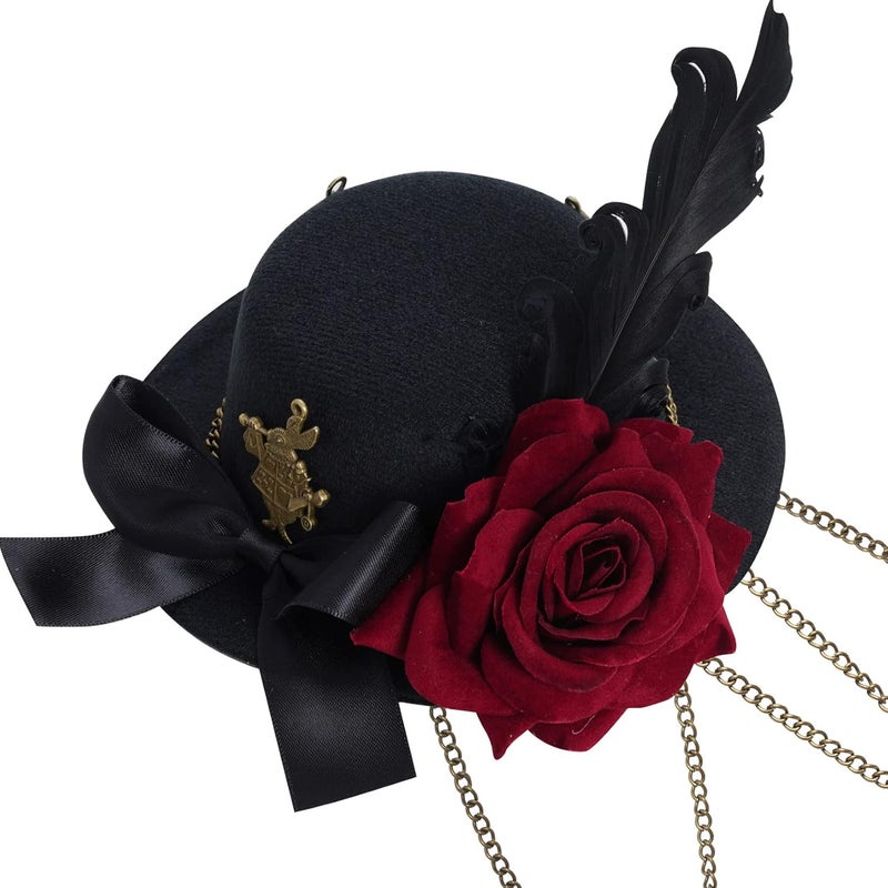 Heliltd Helitd Steampunk Mini Hat Hair Clip for Halloween Parties, Women and Men, with Rose Flower, Feather, and Chain - Image 5